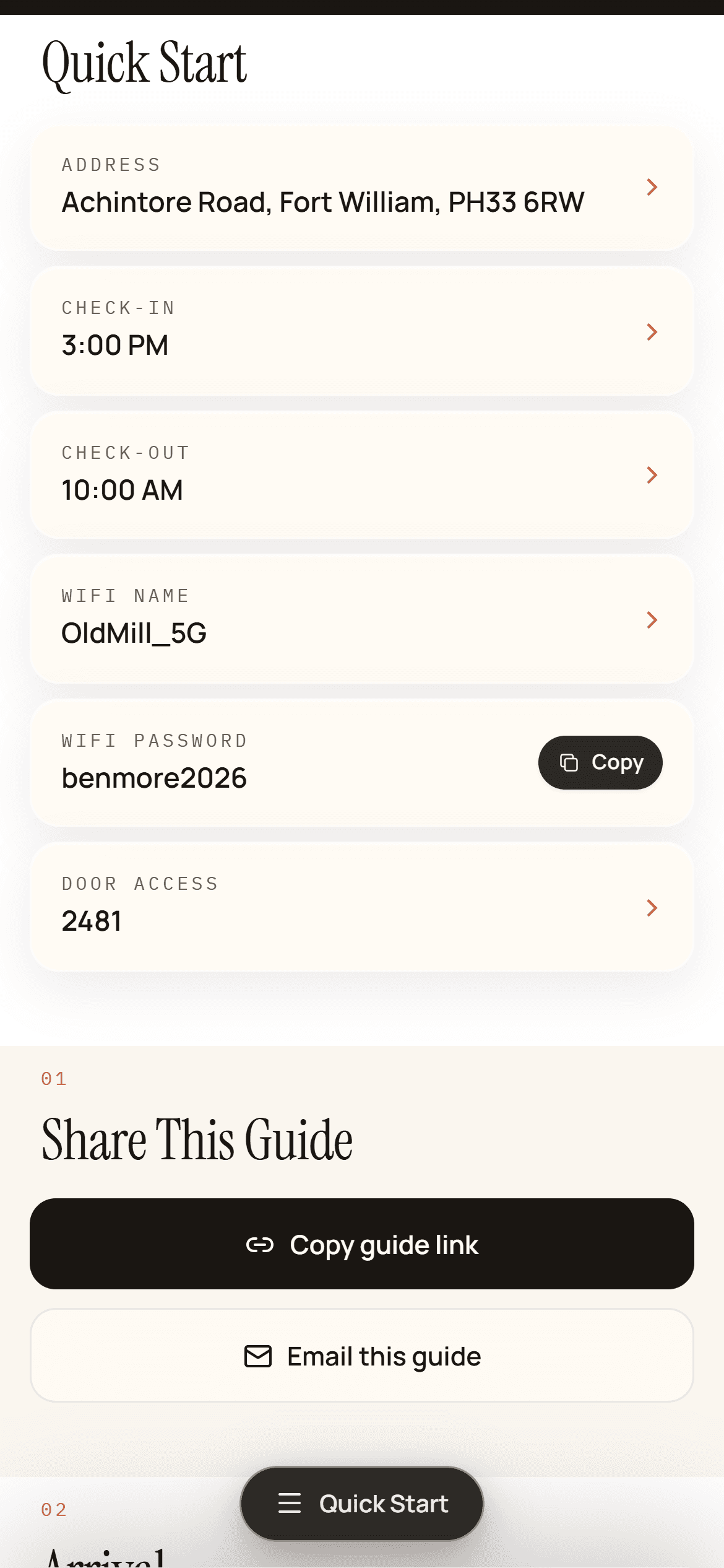 Wifi, check-in times and the door code, all on one screen.