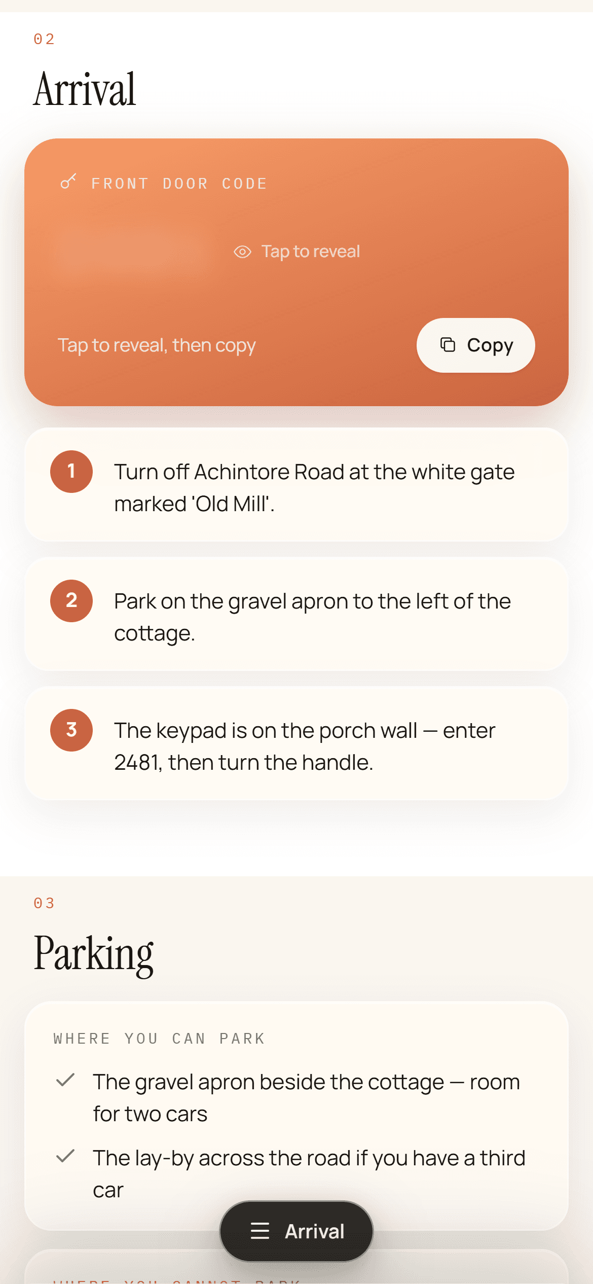 A door code and step-by-step directions to the front door.
