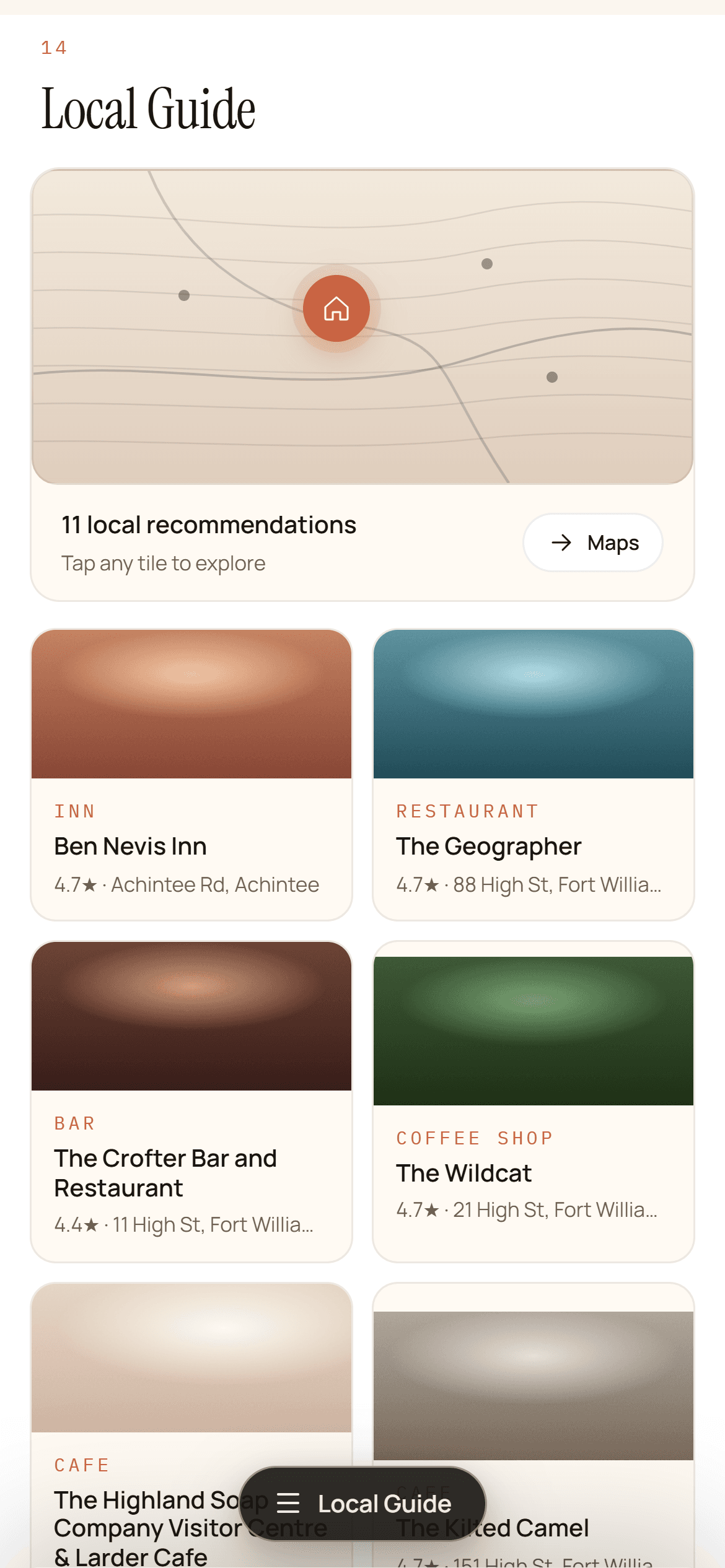 Nearby places to eat and visit, with live star ratings.